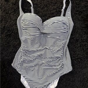 bond-eye Navy & White Striped Ruched One-Piece Swimsuit